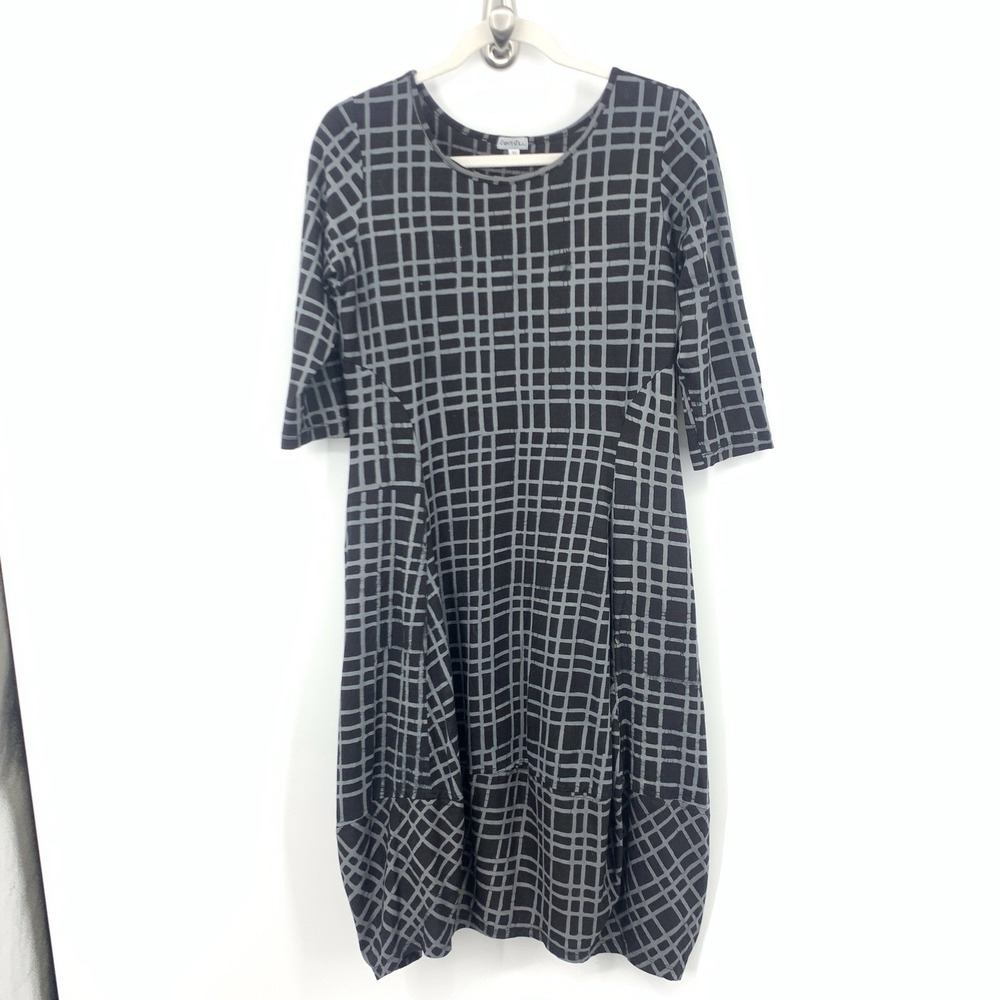 Just Jill Women Size XS Dress Short Sleeve Lagenlook Black Gray Plaid Stretch